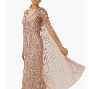 Adrianna Papell long beaded cape overlay formal gown rose gold MOB size 16